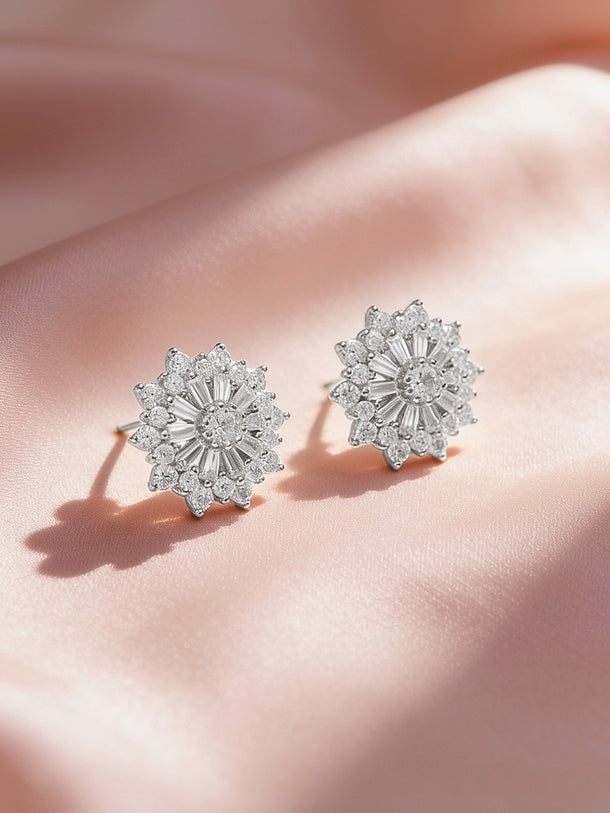925 Fine Silver Rhodium Plated Floral Stud Earrings