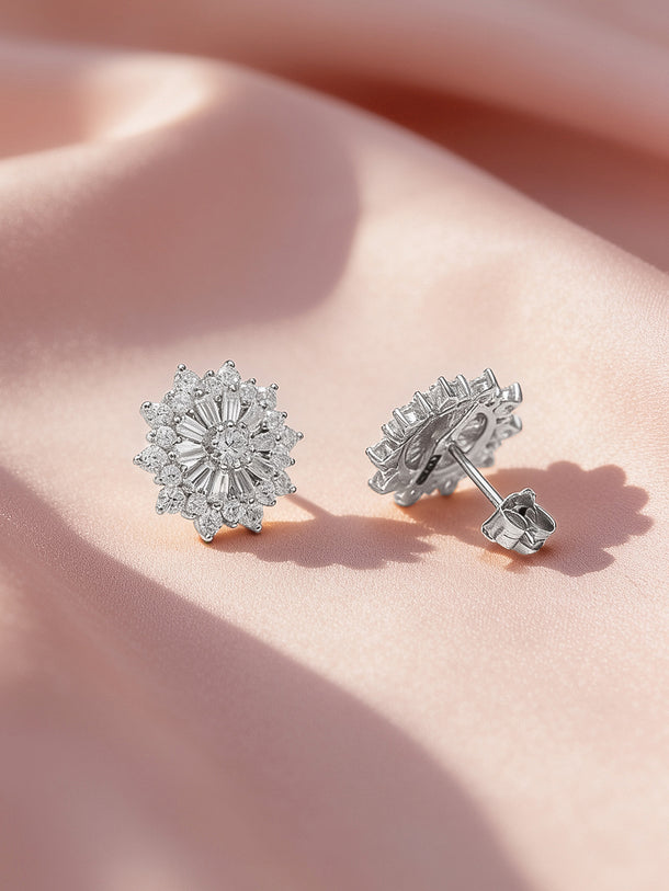 925 Fine Silver Rhodium Plated Floral Stud Earrings