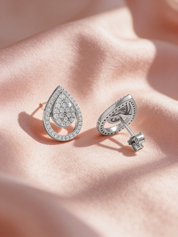 925 Fine Silver Rhodium Plated Teardrop Design Stud Earrings