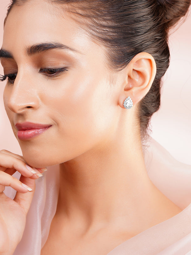 925 Fine Silver Rhodium Plated Teardrop Stud Earrings