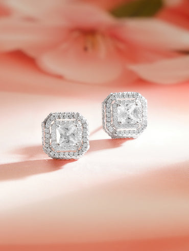 925 Fine Silver Crystal Regal Frame Stud Earrings