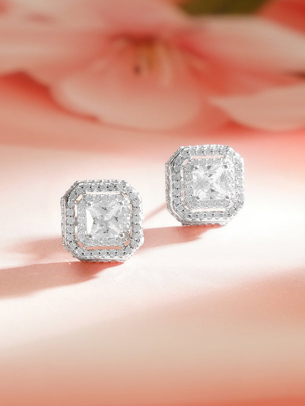 925 Fine Silver Crystal Regal Frame Stud Earrings