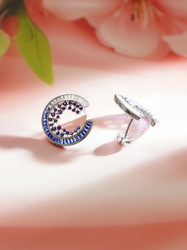 925 Fine Silver Blue Crystal Orbit Stud Earrings