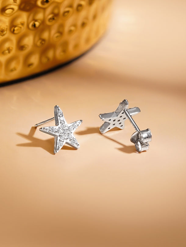 925 Fine Silver Rhodium Plated American Diamond Zirconia Star Studs