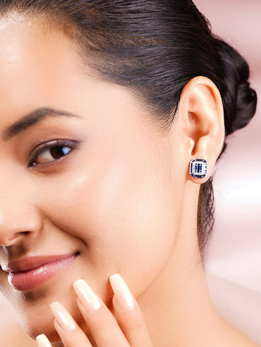 925 Fine Silver Rhodium Plated Blue Sapphire AD Stud Earrings