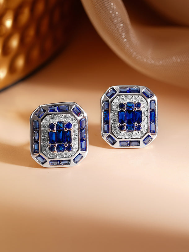 925 Fine Silver Rhodium Plated Blue Sapphire AD Stud Earrings