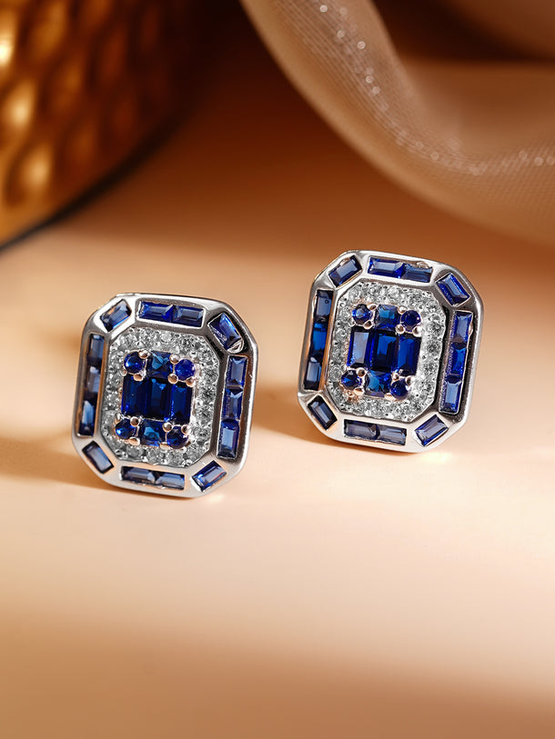925 Fine Silver Rhodium Plated Blue Sapphire AD Stud Earrings