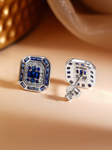 925 Fine Silver Rhodium Plated Blue Sapphire AD Stud Earrings