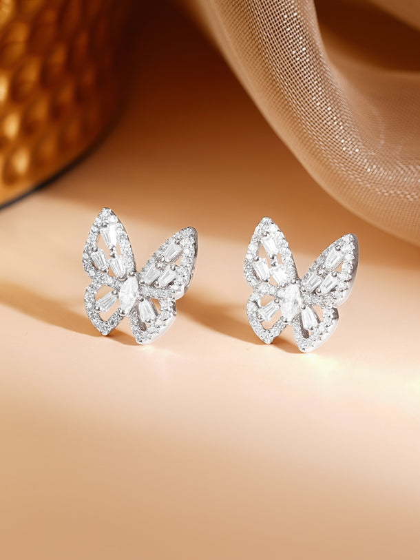 925 Fine Silver Rhodium Plated American Diamon Zirconia Butterfly Studs