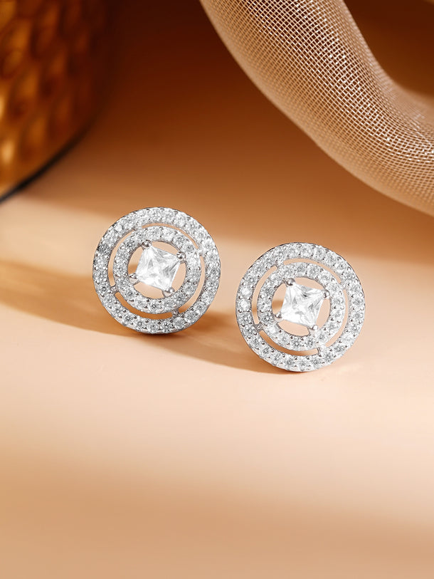 925 Fine Silver Rhodium Plated American Diamon Zirconia Round Stud Earrings