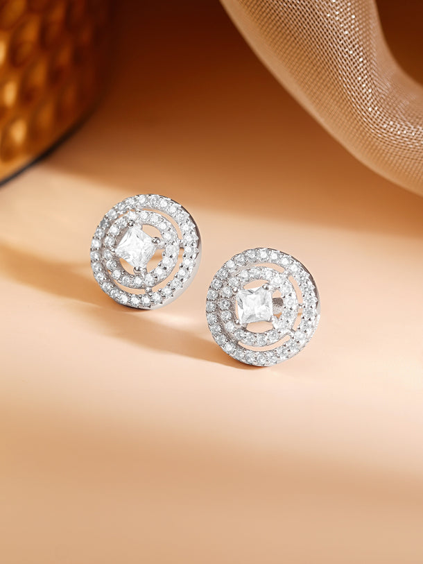 925 Fine Silver Rhodium Plated American Diamon Zirconia Round Stud Earrings