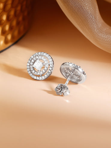 925 Fine Silver Rhodium Plated American Diamon Zirconia Round Stud Earrings