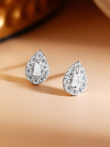 925 Fine Silver Rhodium Plated American Diamon Zirconia Tear Drop Stud Earrings