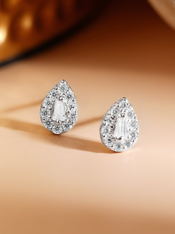 925 Fine Silver Rhodium Plated American Diamon Zirconia Tear Drop Stud Earrings
