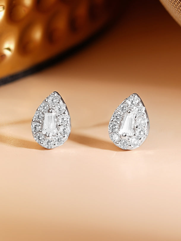 925 Fine Silver Rhodium Plated American Diamon Zirconia Tear Drop Stud Earrings