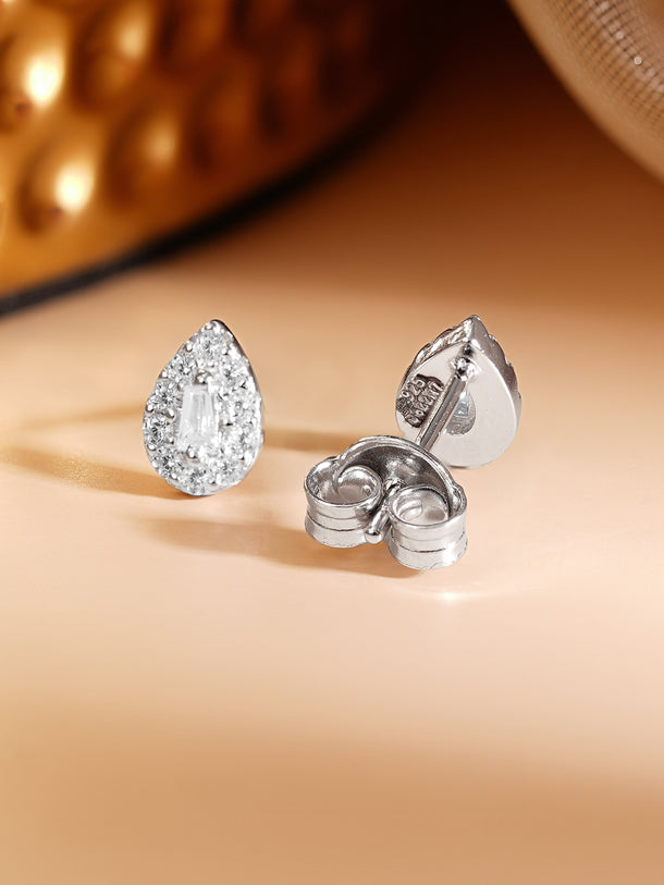 925 Fine Silver Rhodium Plated American Diamon Zirconia Tear Drop Stud Earrings