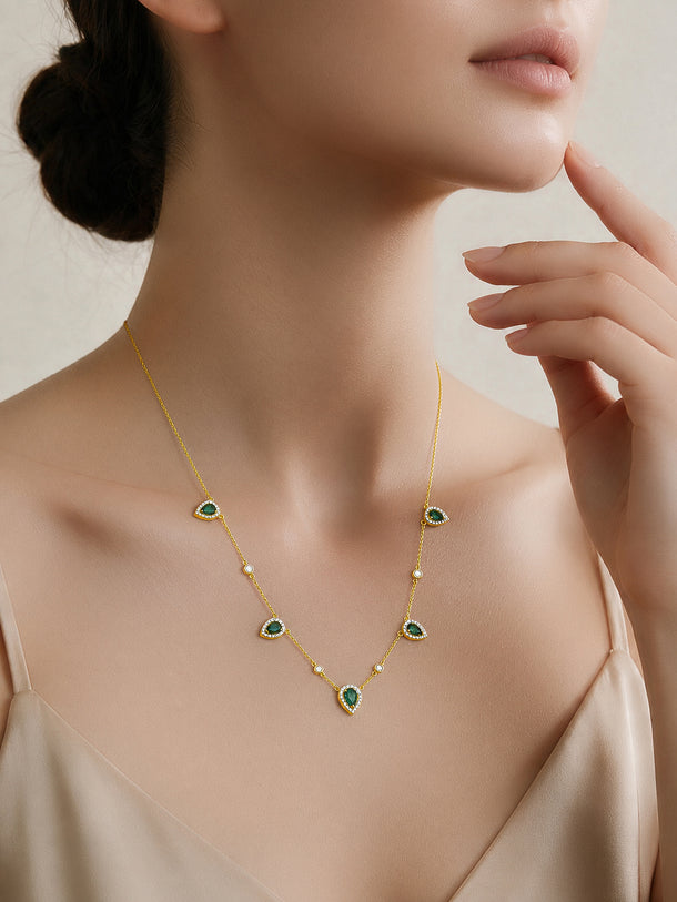 925 Fine Silver Gold Plated Emerald Teardrop Crystal Charm Necklace