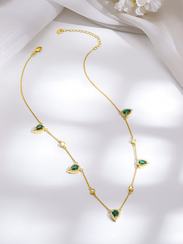 925 Fine Silver Gold Plated Emerald Teardrop Crystal Charm Necklace