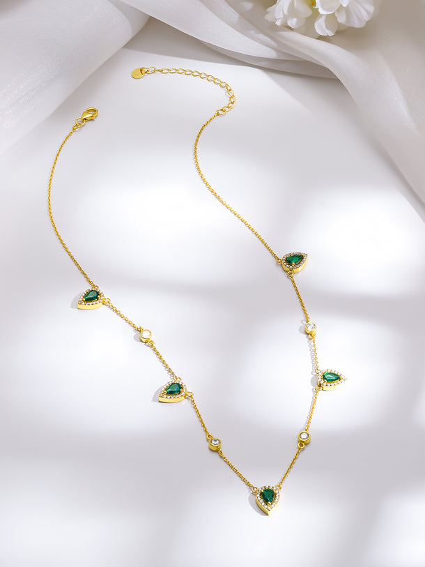 925 Fine Silver Gold Plated Emerald Teardrop Crystal Charm Necklace