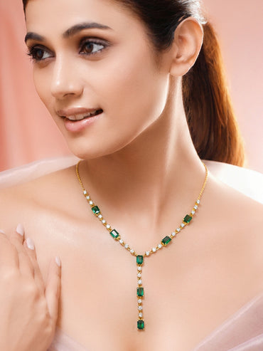 925 Silver Gold Plated Emerald & Baguette Crystal Y Drop Necklace