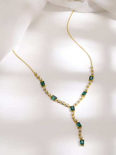 925 Silver Gold Plated Emerald & Baguette Crystal Y Drop Necklace