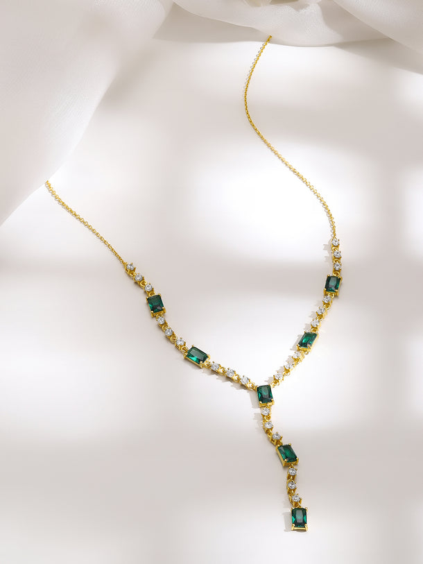 925 Silver Gold Plated Emerald & Baguette Crystal Y Drop Necklace