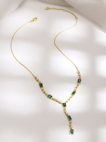 925 Silver Gold Plated Emerald & Baguette Crystal Y Drop Necklace