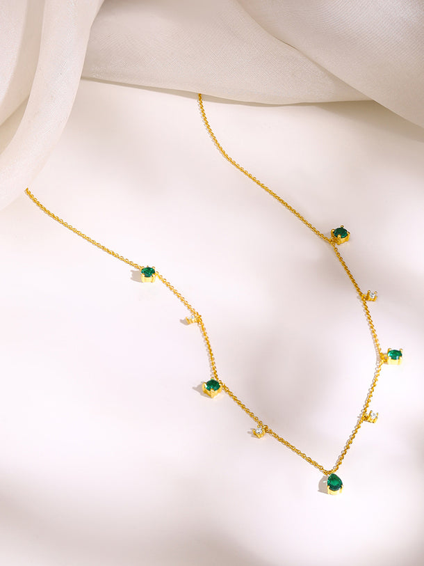 925 Fine Silver Gold Plated Green Teardrop Crystal Charm Necklace