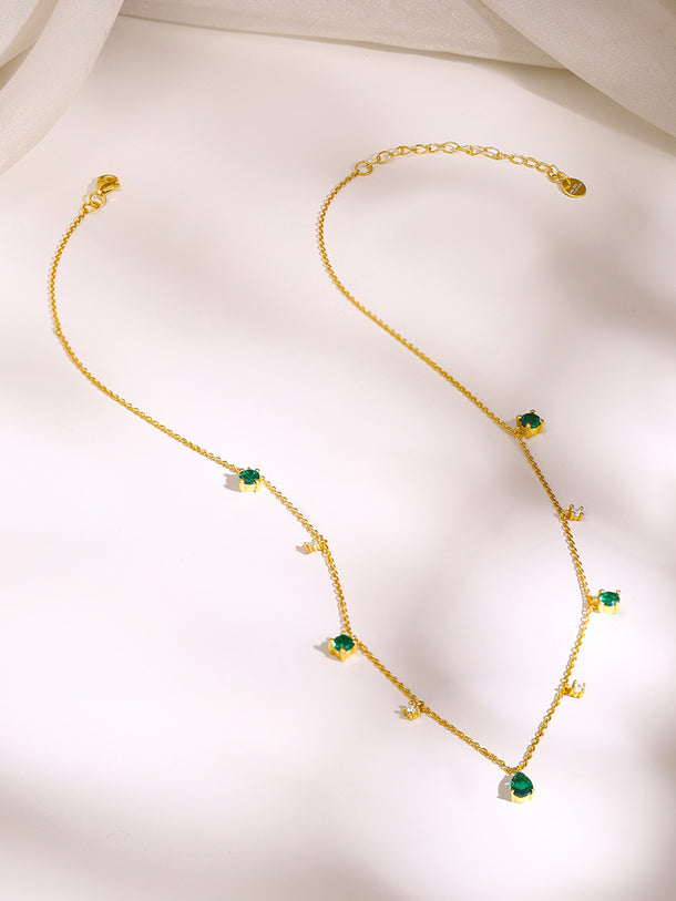 925 Fine Silver Gold Plated Green Teardrop Crystal Charm Necklace