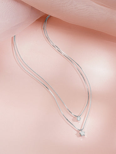 925 Fine Silver Cubic Zirconia Layered Star Charm Pendant Chain Necklace