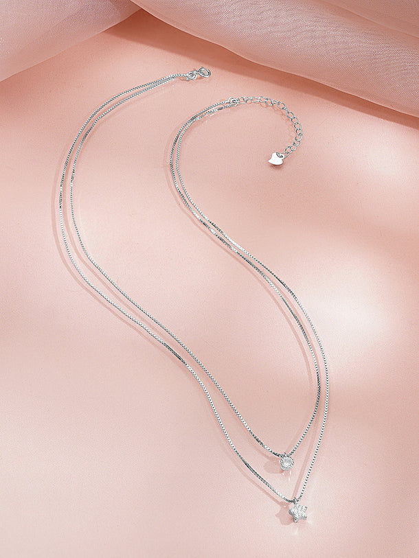 925 Fine Silver Cubic Zirconia Layered Star Charm Pendant Chain Necklace