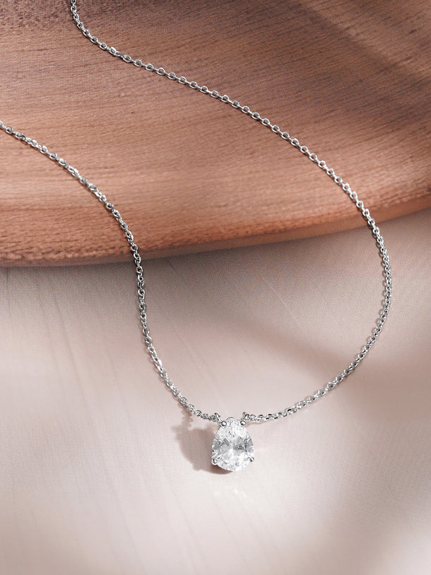 925 Fine Silver Pear Cut Solitaire Cubic Zirconia Pendant Necklace
