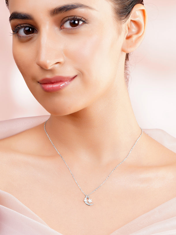 925 Fine Silver Crescent Moon & Star Cubic Zirconia Pendant Necklace