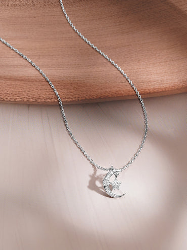 925 Fine Silver Crescent Moon & Star Cubic Zirconia Pendant Necklace