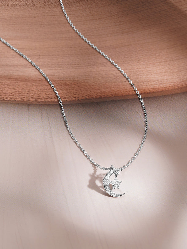 925 Fine Silver Crescent Moon & Star Cubic Zirconia Pendant Necklace