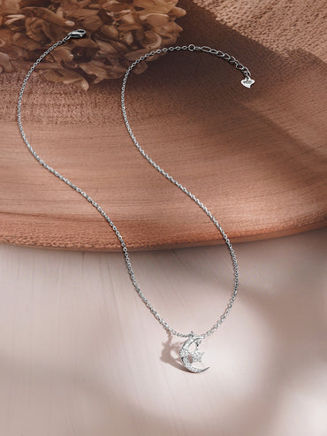 925 Fine Silver Crescent Moon & Star Cubic Zirconia Pendant Necklace