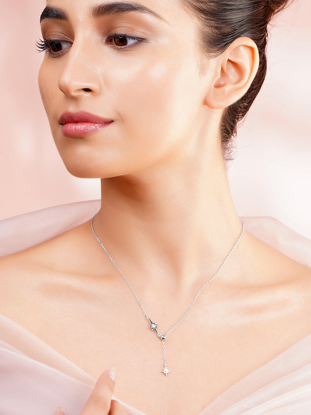 925 Fine Silver Crystal Celestial Star Drop Chain Necklace