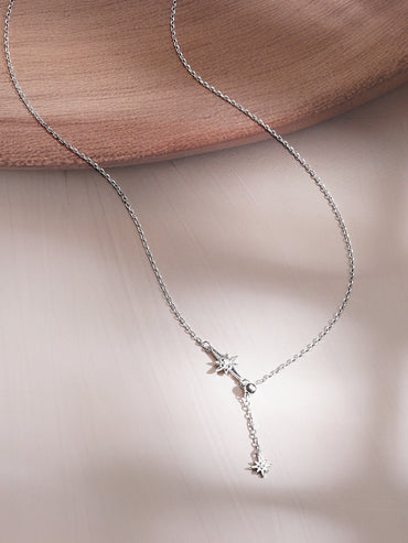 925 Fine Silver Crystal Celestial Star Drop Chain Necklace