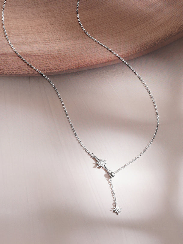 925 Fine Silver Crystal Celestial Star Drop Chain Necklace
