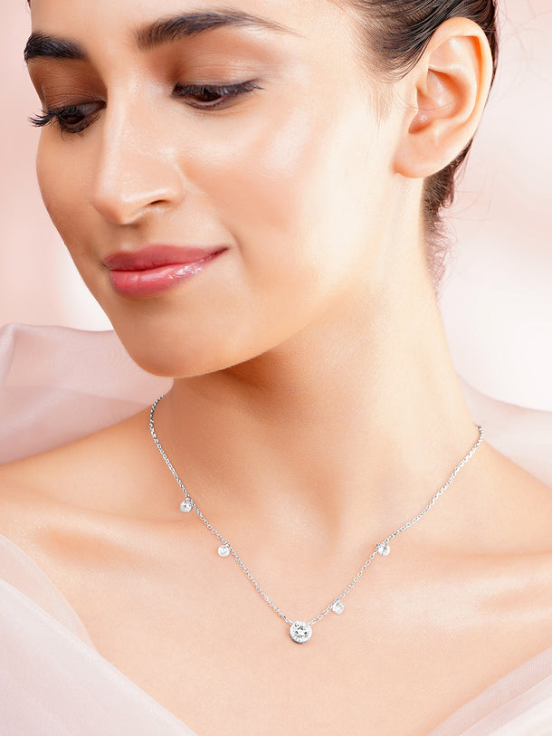925 Fine Silver Halo Solitaire Chain Necklace