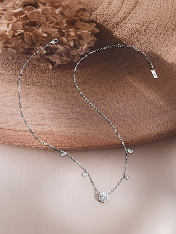 925 Fine Silver Halo Solitaire Chain Necklace