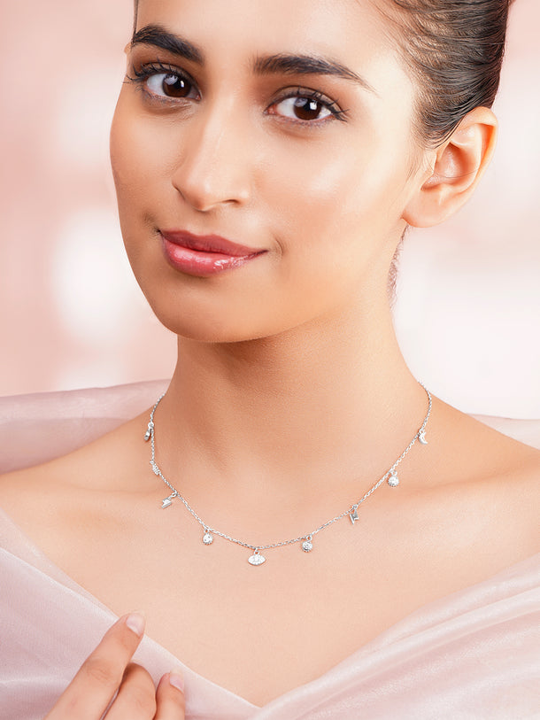 925 Fine Silver Rhodium Plated Multi Charm Necklace