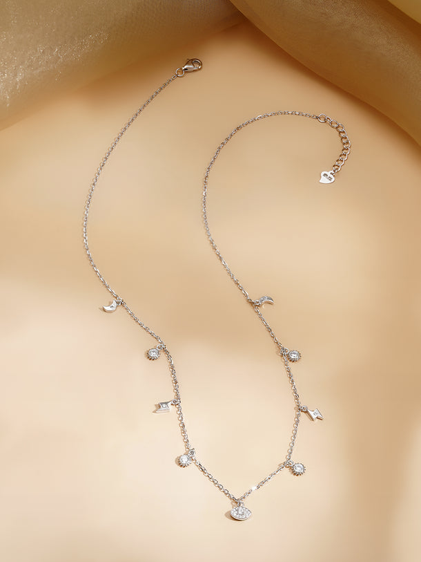 925 Fine Silver Rhodium Plated Multi Charm Necklace