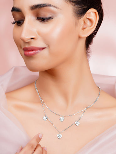 925 Fine Silver Cubic Zirconia Heart Charm Layered Necklace