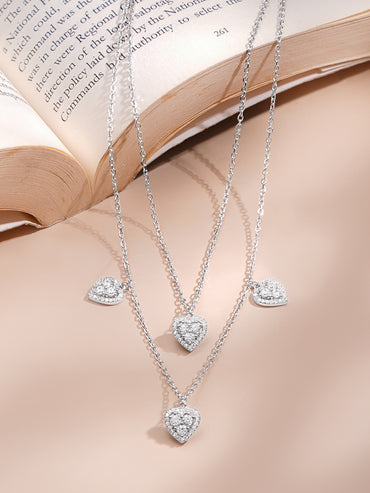 925 Fine Silver Cubic Zirconia Heart Charm Layered Necklace