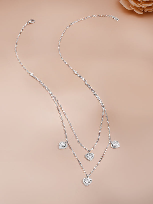 925 Fine Silver Cubic Zirconia Heart Charm Layered Necklace