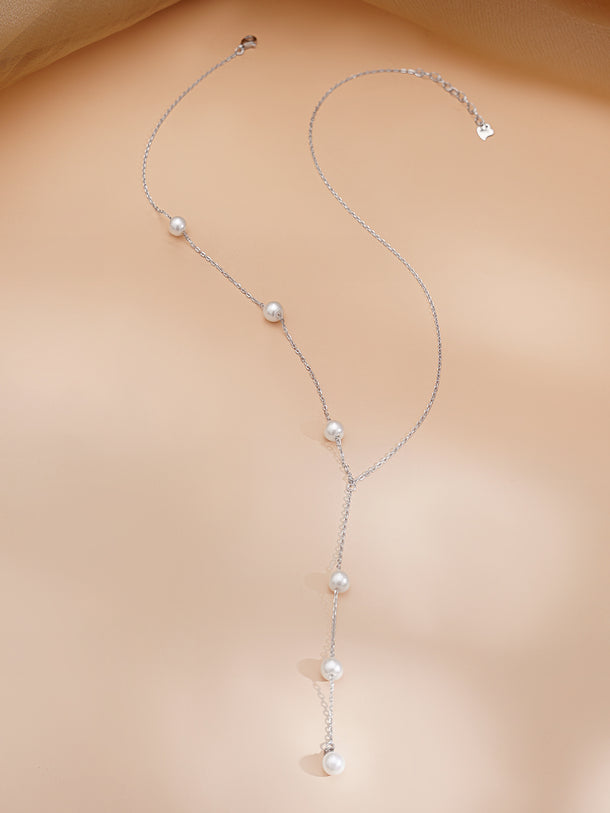 925 Fine Silver Rhodium Plated Pearl Layered Y Necklace