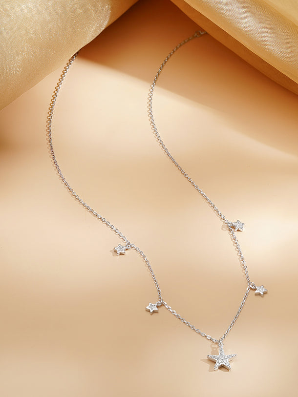 925 Fine Silver Rhodium Plated Necklace With Star Charms