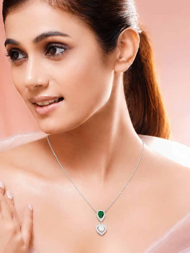 925 Fine Silver Rhodium Plated Heart Necklace With Emerald Center Piece