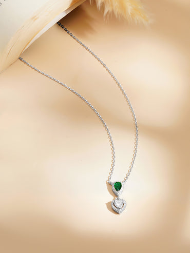 925 Fine Silver Rhodium Plated Heart Necklace With Emerald Center Piece